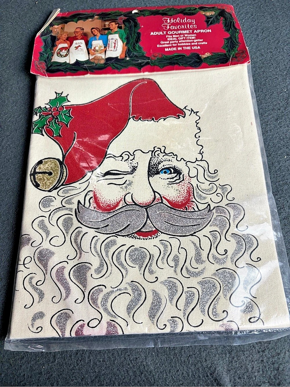 Vintage Holiday Favorites Santa Claus Glitter Christmas Apron NOS Made USA